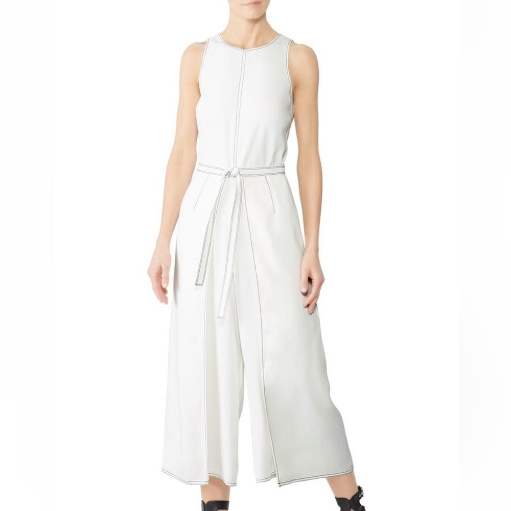 Joie Mairead Wide Leg Tie Waist Sleeveless Contrast Stitch Jumpsuit White Sz 6
